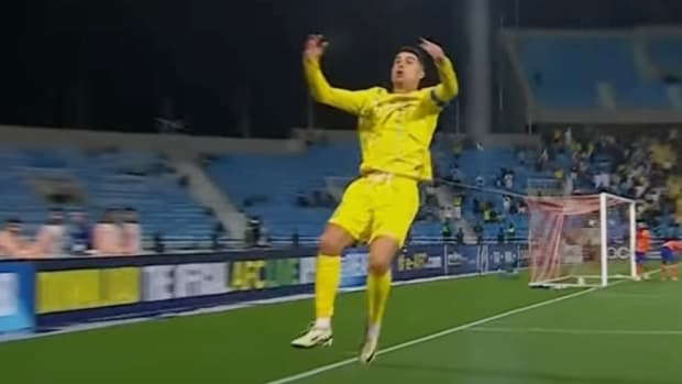 Cristiano Ronaldo pictured performing a new goal celebration after scoring for Al Nassr in a 1-0 win at Al Feiha in the AFC Champions League in February 2024