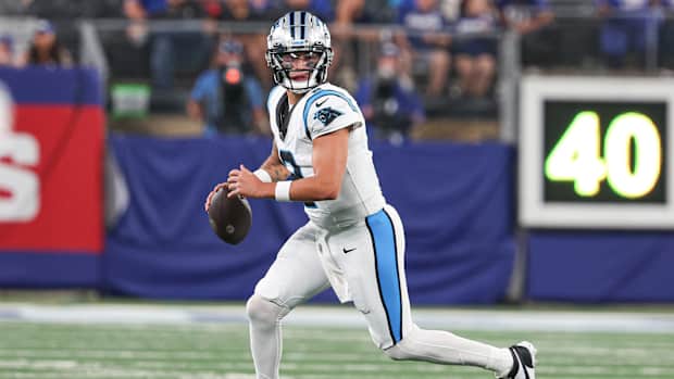 Aug 18, 2023; East Rutherford, New Jersey, USA; Carolina Panthers quarterback Matt Corral (2) scrambles during the second half against the New York Giants at MetLife Stadium. Mandatory Credit: Vincent Carchietta-USA TODAY Sports  