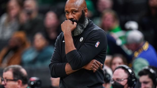 Brooklyn Nets head coach Jacque Vaughn watches from the sideline at they take on the Boston Celtics at TD Garden.