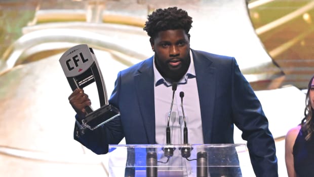 Nov 16, 2023; Niagra Falls, Ontario, CAN; Toronto Argonauts Dejon Allen accepts the award for Most Outstanding Offensive Linemen during the CFL Awards at Fallsview Casino & Resort. Mandatory Credit: Dan Hamilton-USA TODAY Sports