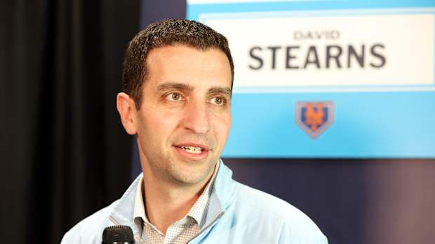 Feb 15, 2024; Tampa, FL, USA; New York Mets president of baseball operations David Stearns talks with media at George M. Steinbrenner Field. Mandatory Credit: Kim Klement Neitzel-USA TODAY Sports