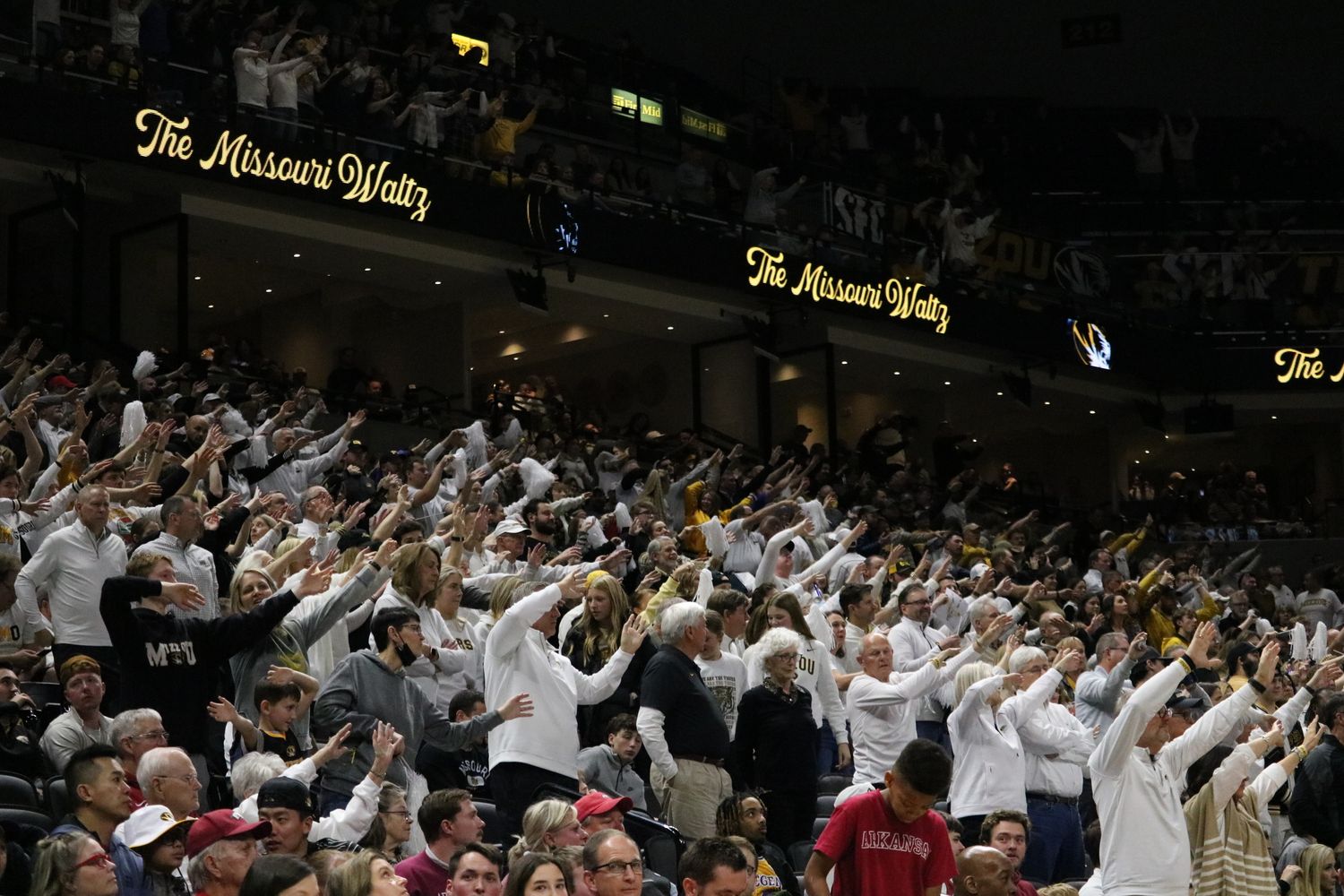 The crowd does the Missouri Waltz during the Missouri vs Arkansas Basketball game on Feb. 3, 2024