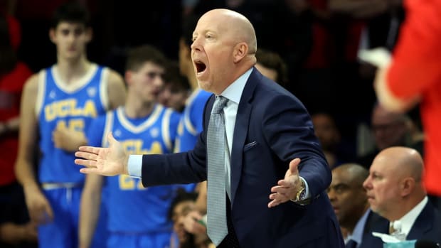 Jan 20, 2024; Tucson, Arizona, USA; UCLA Bruins head coach Mick Cronin on the sidelines against the Arizona Wildcats during the first half at McKale Center. Mandatory Credit: Zachary BonDurant-USA TODAY Sports  
