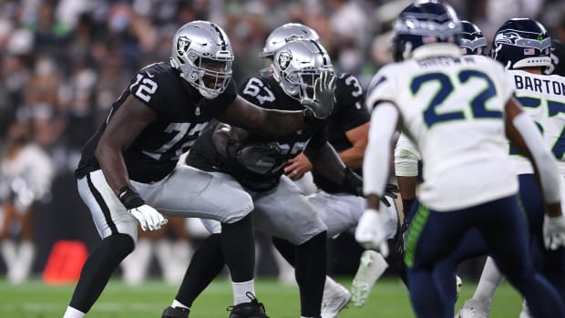 Aug 14, 2021; Paradise, Nevada, USA; Las Vegas Raiders guard Jaryd Jones-Smith (72) blocks during the second half against the Seattle Seahawks at Allegiant Stadium. Mandatory Credit: Orlando Ramirez-USA TODAY Sports  