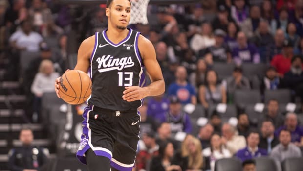 Feb 7, 2024; Sacramento, California, USA; Sacramento Kings forward Keegan Murray (13) pushes the ball up the court during the first quarter at Golden 1 Center. Mandatory Credit: Ed Szczepanski-USA TODAY Sports  