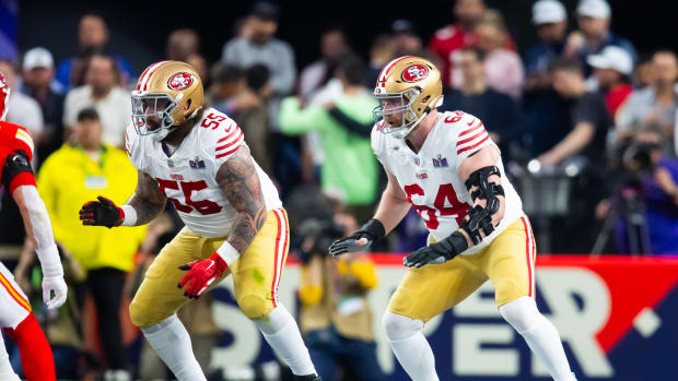 Feb 11, 2024; Paradise, Nevada, USA; San Francisco 49ers guard Jon Feliciano (55) and center Jake Brendel (64) against the Kansas City Chiefs in Super Bowl LVIII at Allegiant Stadium. Mandatory Credit: Mark J. Rebilas-USA TODAY Sports  