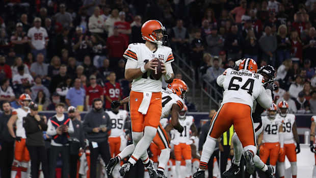 Jan 13, 2024; Houston, Texas, USA;Cleveland Browns quarterback Joe Flacco (15) against the Houston Texans in a 2024 AFC wild card game at NRG Stadium. Mandatory Credit: Thomas Shea-USA TODAY Sports