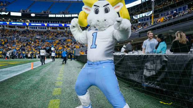 Dec 27, 2023; Charlotte, NC, USA; North Carolina Tar Heels mascot Ramses during the first half against the West Virginia Mountaineers at Bank of America Stadium. Mandatory Credit: Jim Dedmon-USA TODAY Sports