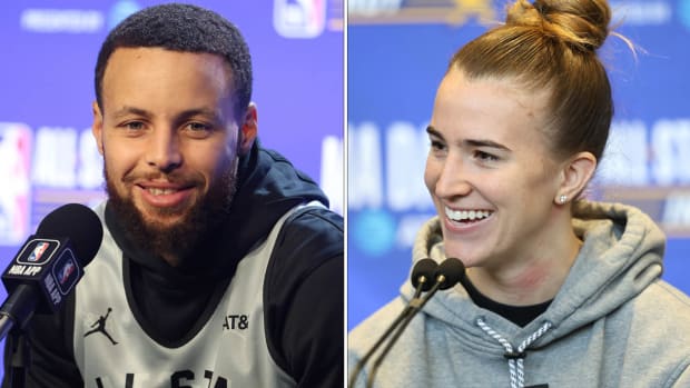 Steph Curry and Sabrina Ionescu speak with the media.