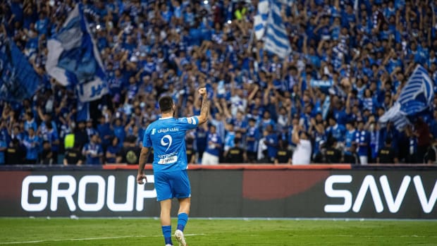 Aleksandar Mitrovic pictured celebrating after scoring a goal for Al-Hilal in October 2023