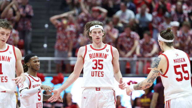 Feb 10, 2024; Salt Lake City, Utah, USA; Utah Utes center Branden Carlson (35) reacts to a play against the Arizona State Sun Devils during the first half at Jon M. Huntsman Center. Mandatory Credit: Rob Gray-USA TODAY Sports