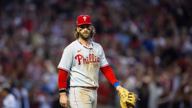 Oct 19, 2023; Phoenix, Arizona, USA; Philadelphia Phillies first baseman Bryce Harper (3) during game three of the NLCS for the 2023 MLB playoffs against the Arizona Diamondbacks at Chase Field.