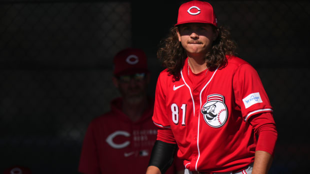 Cincinnati Reds non-roster invitee pitcher Rhett Lowder (81) throws in the bullpen during spring training workouts, Friday, Feb. 16, 2024, at the team s spring training facility in Goodyear, Ariz.  