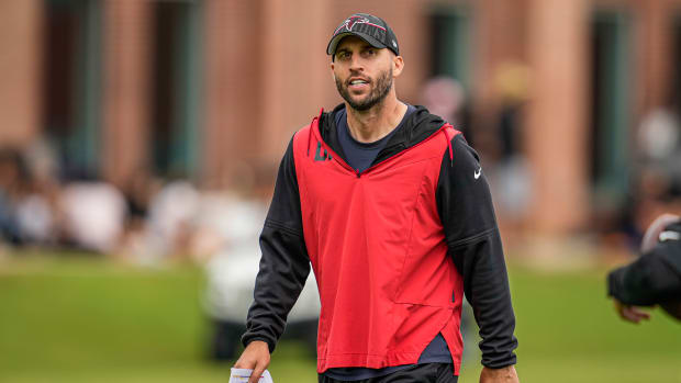 Jun 14, 2023; Flowery Branch, GA, USA; Atlanta Falcons offensive coordinator Dave Ragone on the field during minicamp at IBM Performance Field.