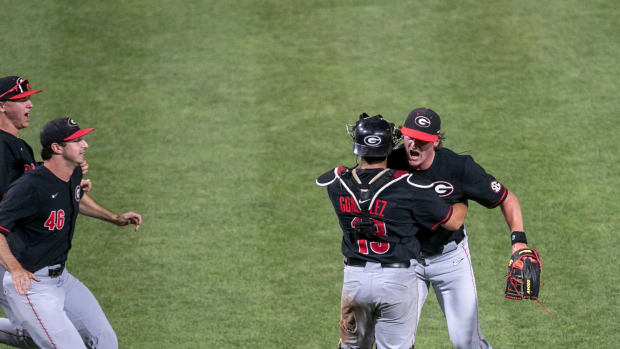 Georgia's Leighton Finley (12) celebrates the Bulldogs 13-11 win over Florida, Friday, April 14, 2023, at Condron Family Baseball Park in Gainesville, Florida. (Cyndi Chambers / USA TODAY NETWORK).