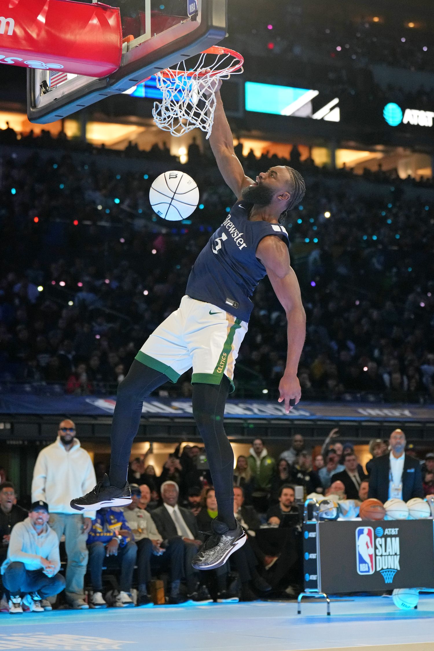 Feb 17, 2024; Indianapolis, IN, USA; Boston Celtics guard Jaylen Brown (7) dunks the ball during the slam dunk competition during NBA All Star Saturday Night at Lucas Oil Stadium. Mandatory Credit: Kyle Terada-USA TODAY Sports