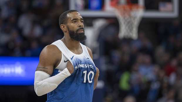 Jan 20, 2024; Minneapolis, Minnesota, USA; Minnesota Timberwolves guard Mike Conley (10) looks on against the Oklahoma City Thunder in the second half at Target Center.