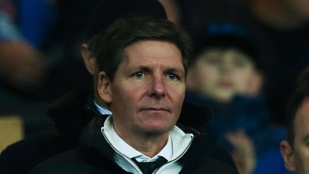 Oliver Glasner pictured in the stands at Everton's Goodison Park in February 2024 just hours after being appointed as manager of Crystal Palace