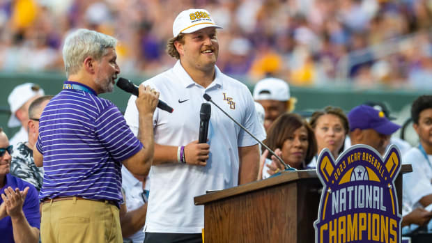 Cade Beloso thanking fans as the Tiger fans welcome the LSU Tigers Baseball team home at Alex Box Stadium. Wednesday, June 28, 2023.