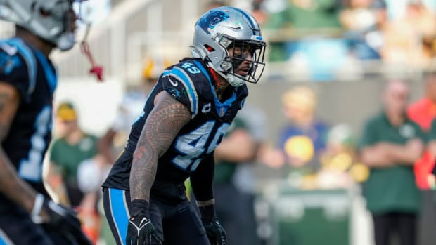 Carolina Panthers linebacker Frankie Luvu (49) during the second half against the Green Bay Packers at Bank of America Stadium.