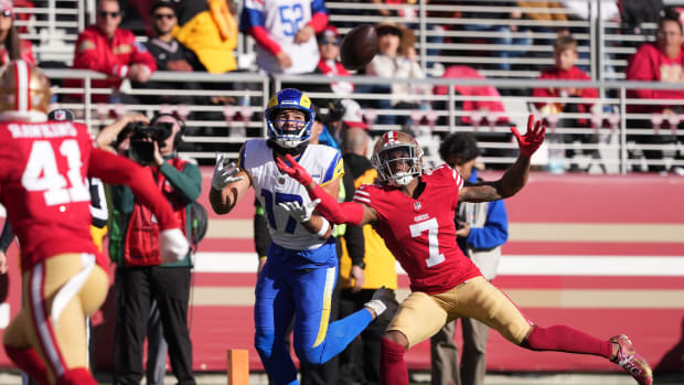 Jan 7, 2024; Santa Clara, California, USA; Los Angeles Rams wide receiver Puka Nacua (17) catches a touchdown pass against San Francisco 49ers cornerback Charvarius Ward (7) during the first quarter at Levi's Stadium.