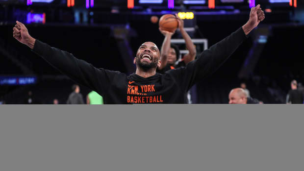 Jan 1, 2024; New York, New York, USA; New York Knicks forward Taj Gibson (67) steps in front of forward OG Anunoby (8) during free throw practice prior to the game against the Minnesota Timberwolves at Madison Square Garden. Mandatory Credit: Wendell Cruz-USA TODAY Sports