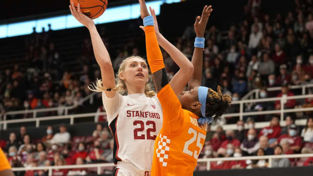 Dec 18, 2022; Stanford, California, USA; Stanford Cardinal forward Cameron Brink (22) shoots against Tennessee Lady Vols guard Jordan Horston (25) during the third quarter at Maples Pavilion. Mandatory Credit: Darren Yamashita-USA TODAY Sports