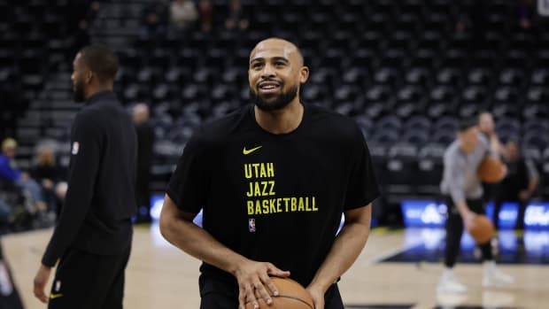 Feb 15, 2024; Salt Lake City, Utah, USA; Utah Jazz guard Talen Horton-Tucker (5) warms up before the game against the Golden State Warriors at Delta Center. Mandatory Credit: Chris Nicoll-USA TODAY Sports
