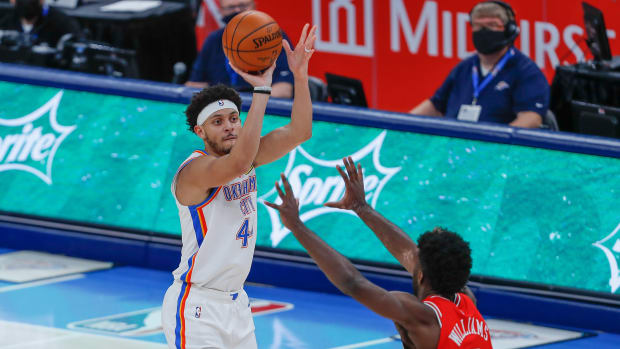 Dec 16, 2020; Oklahoma City, Oklahoma, USA; Oklahoma City Thunder forward Justin Jackson (44) shoots as Chicago Bulls forward Patrick Williams (9) defends during the second half at Chesapeake Energy Arena.