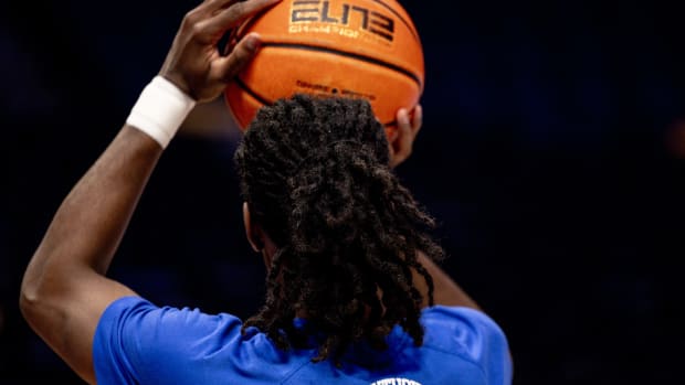 Feb 21, 2024; Baton Rouge, Louisiana, USA; Kentucky Wildcats guard Antonio Reeves (12) warmups before the game against the LSU Tigers at Pete Maravich Assembly Center. Mandatory Credit: Stephen Lew-USA TODAY Sports