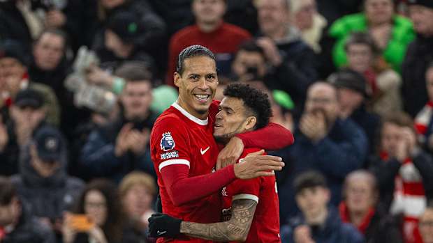 Goalscorers Virgil van Dijk (left) and Luis Diaz pictured celebrating during Liverpool's 4-1 win over Luton Town in February 2024