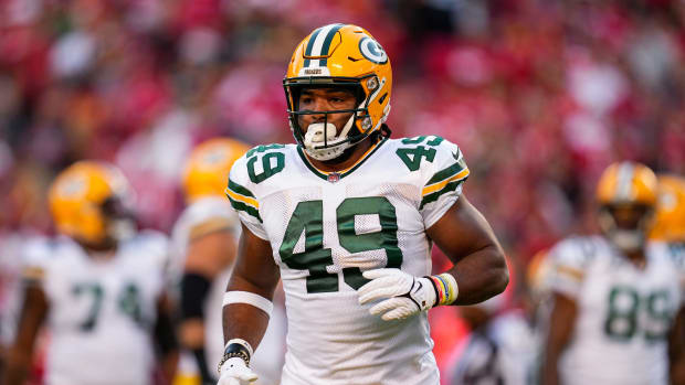 Nov 7, 2021; Kansas City, Missouri, USA; Green Bay Packers tight end Dominique Dafney (49) runs off the field during the first half against the Kansas City Chiefs at GEHA Field at Arrowhead Stadium. Mandatory Credit: Jay Biggerstaff-USA TODAY Sports  