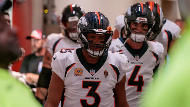 Oct 12, 2023; Kansas City, Missouri, USA; Denver Broncos quarterback Russell Wilson (3) leads the team to the field for the game against the Kansas City Chiefs at GEHA Field at Arrowhead Stadium. Mandatory Credit: William Purnell-USA TODAY Sports