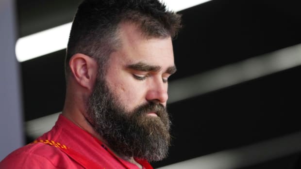 Feb 11, 2024; Paradise, Nevada, USA; Jason Kelce brother of Kansas City Chiefs tight end Travis Kelce (87) watches play during the third quarter of Super Bowl LVIII between Kansas City Chiefs and San Francisco 49ers at Allegiant Stadium. 