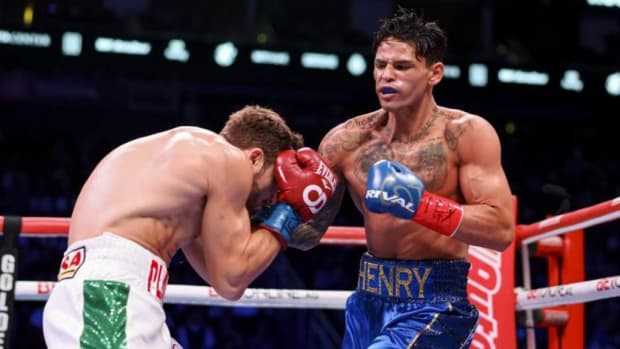 Ryan Garcia(R) exchanges punches with Oscar Duarte during their welterweight fight at Toyota Center in Houston, Texas. Ryan Garcia Wants to take on Devin Haney at the MGM in Las Vegas. CARMEN MANDATO/GETTY IMAGES.