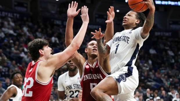 Penn State's Ace Baldwin Jr. drives to the basket against Indiana in a Big Ten men's basketball game at the Bryce Jordan Center.