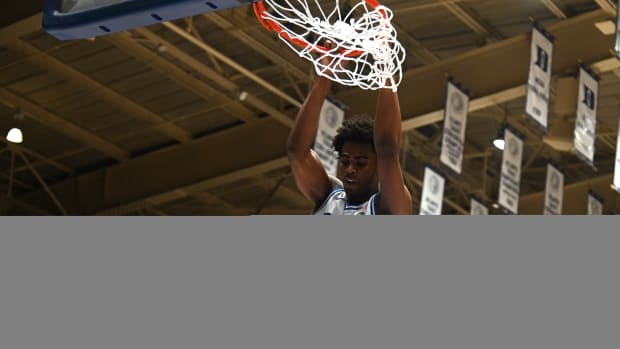 Nov 21, 2023; Durham, North Carolina, USA; Duke Blue Devils forward Sean Stewart (13) dunks during the second half against the La Salle Explorers at Cameron Indoor Stadium. The Blue Devils won 95-66. 