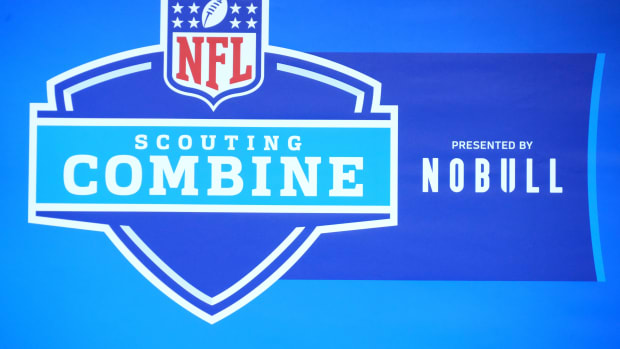 The NFL Scouting Combine logo at the Indiana Convention Center.