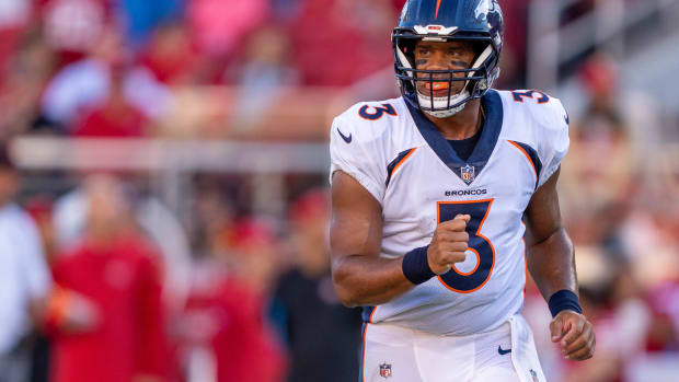 August 19, 2023; Santa Clara, California, USA; Denver Broncos quarterback Russell Wilson (3) during the first quarter against the San Francisco 49ers at Levi's Stadium. Mandatory Credit: Kyle Terada-USA TODAY Sports