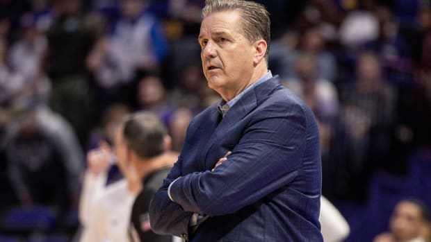 Feb 21, 2024; Baton Rouge, Louisiana, USA; Kentucky Wildcats head coach John Calipari looks on against the LSU Tigers during the second half of the game at Pete Maravich Assembly Center. Mandatory Credit: Stephen Lew-USA TODAY Sports
