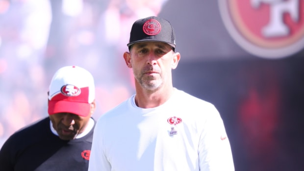 Oct 29, 2023; Santa Clara, California, USA; San Francisco 49ers head coach Kyle Shanahan walks onto the field before the game against the Cincinnati Bengals at Levi's Stadium. Mandatory Credit: Kelley L Cox-USA TODAY Sports  
