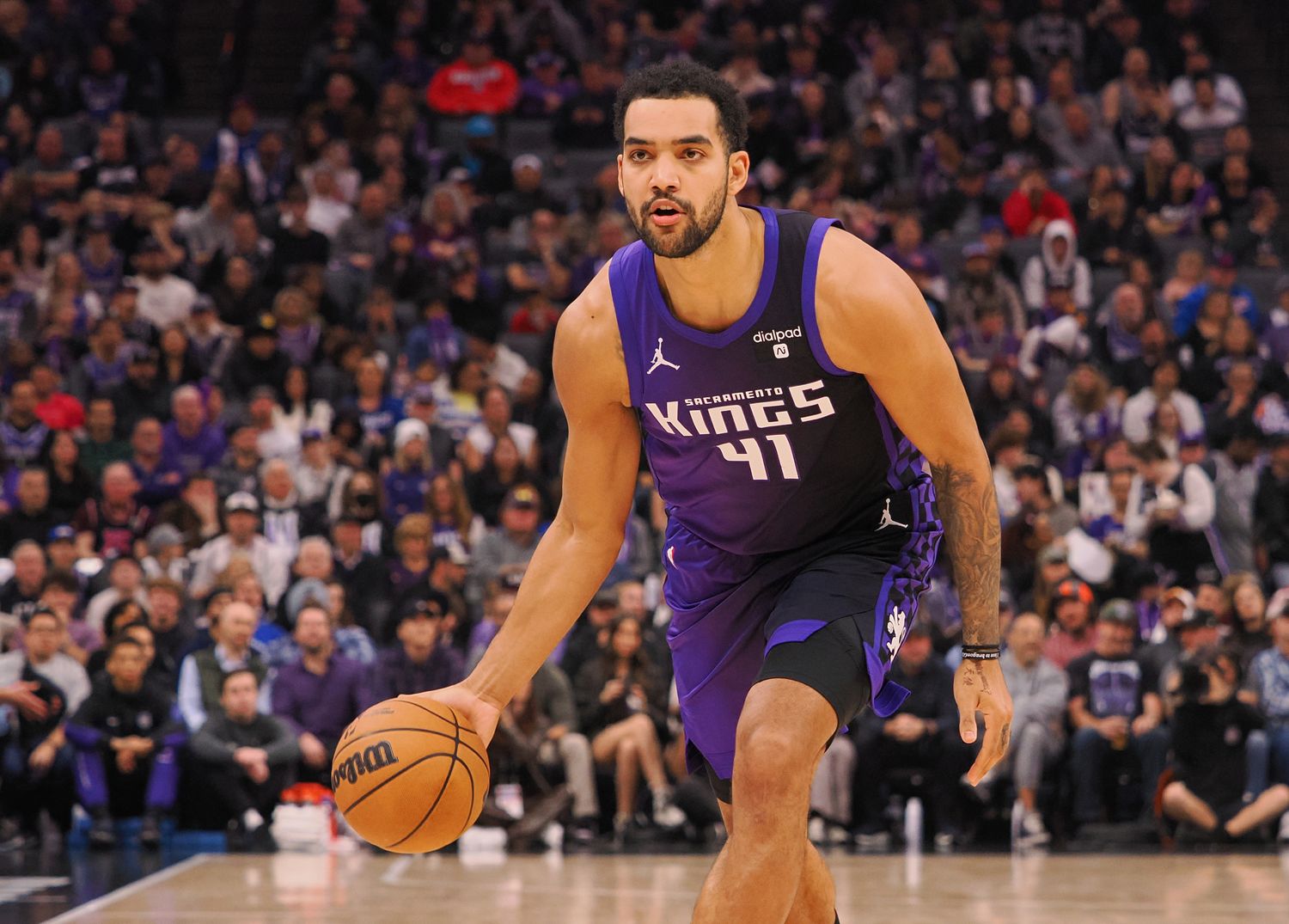 Jan 2, 2024; Sacramento, California, USA; Sacramento Kings forward Trey Lyles (41) controls the ball against the Charlotte Hornets during the first quarter at Golden 1 Center. Mandatory Credit: Kelley L Cox-USA TODAY Sports