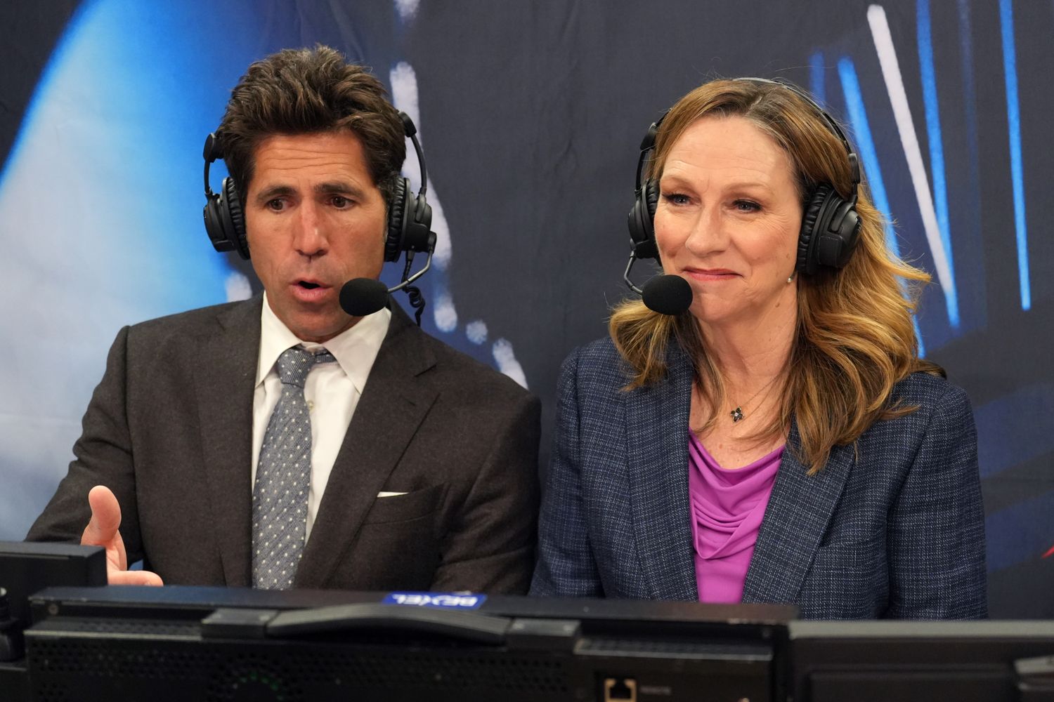 Feb 25, 2024; Los Angeles, California, USA; ESPN analyst Bob Myers (left) and play-by-play announcer Beth Mowins during the game between the LA Clippers and the Sacramento Kings at Crypto.com Arena. Mandatory Credit: Kirby Lee-USA TODAY Sports