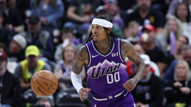 Feb 25, 2024; Salt Lake City, Utah, USA; Utah Jazz guard Jordan Clarkson (00) brings the ball up the court against the San Antonio Spurs during the second quarter at Delta Center. Mandatory Credit: Rob Gray-USA TODAY Sports
