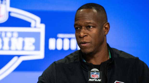 Falcons coach Raheem Morris speaks at the NFL Combine.