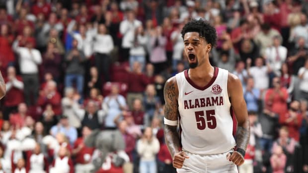Feb 21, 2024; Tuscaloosa, Alabama, USA; Alabama Crimson Tide guard Aaron Estrada celebrates during the second half against the Florida Gators at Coleman Coliseum. Mandatory Credit: Gary Cosby Jr.-USA TODAY Sports  