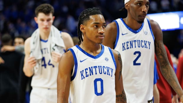 Feb 24, 2024; Lexington, Kentucky, USA; Kentucky Wildcats guard Rob Dillingham (0) walks off the court after the game against the Alabama Crimson Tide at Rupp Arena at Central Bank Center. Mandatory Credit: Jordan Prather-USA TODAY Sports