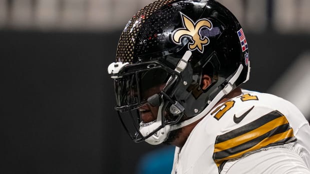 New Orleans Saints guard Cesar Ruiz (51) on the field prior to the game against the Atlanta Falcons.