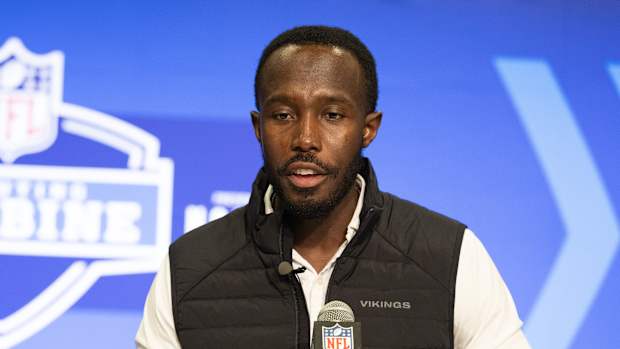 Feb 27, 2024; Indianapolis, IN, USA; Minnesota Vikings general manager Kwesi Adofo-Mensah talks to the media at the 2024 NFL Combine at Indiana Convention Center.