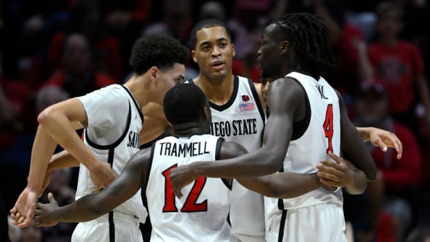 Feb 13, 2024; San Diego, California, USA; San Diego State Aztecs forward Jaedon LeDee (13) huddles with teammates during the second half against the Colorado State Rams at Viejas Arena.